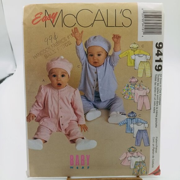 Vintage 1998 McCall's 9419 Baby Wear Sewing Pattern: Top Pants & Hat - Picture 1 of 2